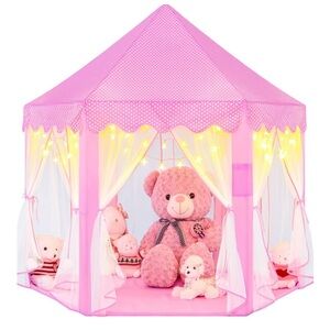 Pink Play Tent with Lights and Rug for Kids